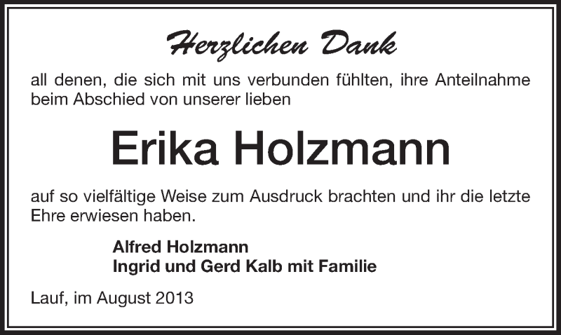  Traueranzeige für Erika Holzmann vom 31.08.2013 aus Pegnitz-Zeitung